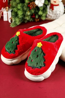 Sale Dear-Lover Christmas Tree Graphic Thick Sole Plush Slippers Fiery Red
