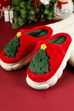 Sale Dear-Lover Christmas Tree Graphic Thick Sole Plush Slippers Fiery Red