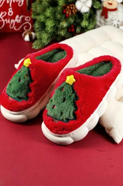Sale Dear-Lover Christmas Tree Graphic Thick Sole Plush Slippers Fiery Red