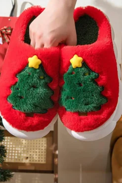 Sale Dear-Lover Christmas Tree Graphic Thick Sole Plush Slippers Fiery Red