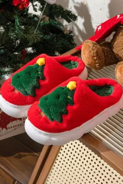 Sale Dear-Lover Christmas Tree Graphic Thick Sole Plush Slippers Fiery Red