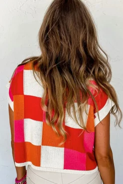 Best Dear-Lover Color Block Cap Sleeve Sweater Fiery Red