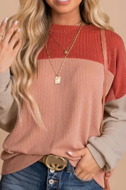 Outlet Dear-Lover Color Block Long Sleeve Ribbed Loose Top Fiery Red