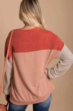 Outlet Dear-Lover Color Block Long Sleeve Ribbed Loose Top Fiery Red