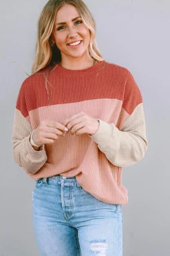 Outlet Dear-Lover Color Block Long Sleeve Ribbed Loose Top Fiery Red