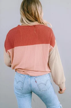 Outlet Dear-Lover Color Block Long Sleeve Ribbed Loose Top Fiery Red