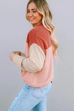Outlet Dear-Lover Color Block Long Sleeve Ribbed Loose Top Fiery Red
