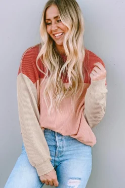 Outlet Dear-Lover Color Block Long Sleeve Ribbed Loose Top Fiery Red
