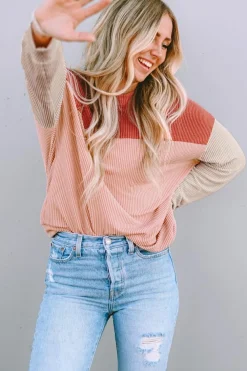 Outlet Dear-Lover Color Block Long Sleeve Ribbed Loose Top Fiery Red