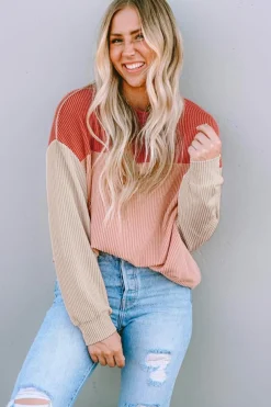 Outlet Dear-Lover Color Block Long Sleeve Ribbed Loose Top Fiery Red