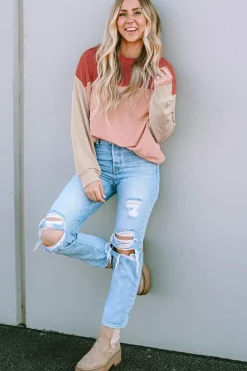 Outlet Dear-Lover Color Block Long Sleeve Ribbed Loose Top Fiery Red