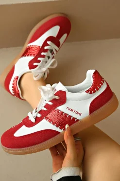 Sale Dear-Lover Color Block Stitched Lace-up Sneakers Fiery Red