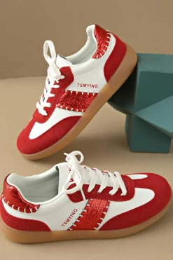 Sale Dear-Lover Color Block Stitched Lace-up Sneakers Fiery Red