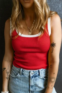 Discount Dear-Lover Colorblock Edge Ribbed Knit U Neck Tank Top Fiery Red