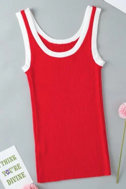Discount Dear-Lover Colorblock Edge Ribbed Knit U Neck Tank Top Fiery Red