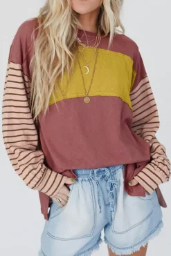 Discount Dear-Lover Colorblock Striped Bishop Sleeve Top Fiery Red