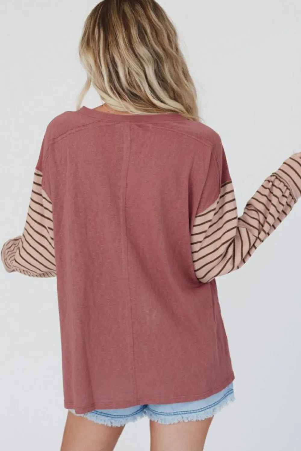 Discount Dear-Lover Colorblock Striped Bishop Sleeve Top Fiery Red
