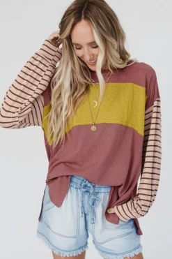 Discount Dear-Lover Colorblock Striped Bishop Sleeve Top Fiery Red
