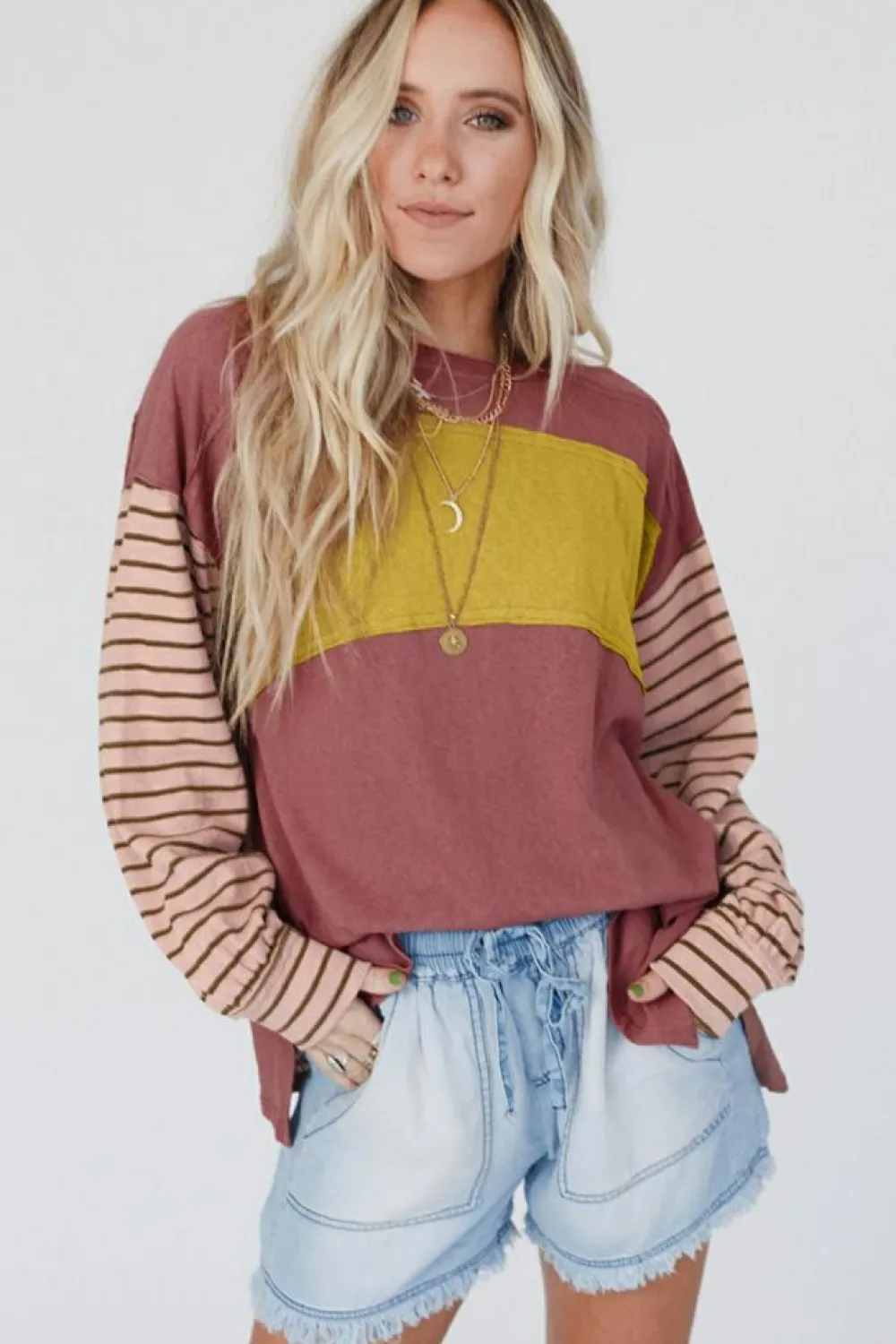 Discount Dear-Lover Colorblock Striped Bishop Sleeve Top Fiery Red