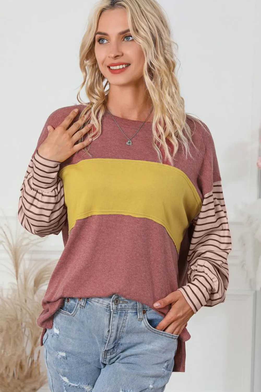 Discount Dear-Lover Colorblock Striped Bishop Sleeve Top Fiery Red
