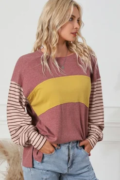 Discount Dear-Lover Colorblock Striped Bishop Sleeve Top Fiery Red