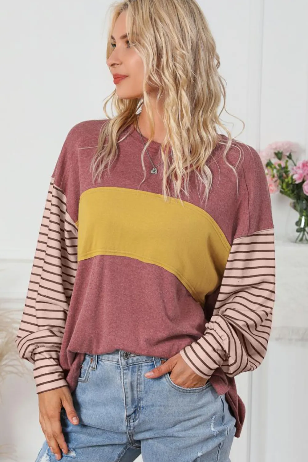 Discount Dear-Lover Colorblock Striped Bishop Sleeve Top Fiery Red