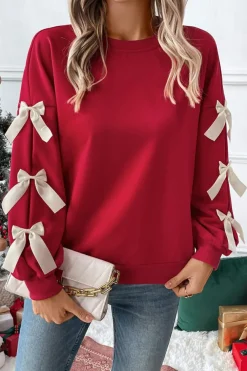 Best Dear-Lover Contrast Bow Decor Dropped Sleeve Crewneck Sweatshirt Fiery Red