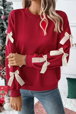 Best Dear-Lover Contrast Bow Decor Dropped Sleeve Crewneck Sweatshirt Fiery Red