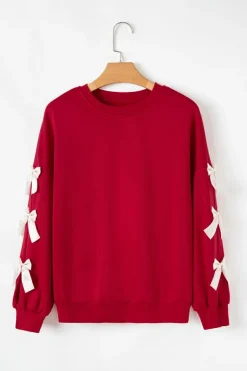 Best Dear-Lover Contrast Bow Decor Dropped Sleeve Crewneck Sweatshirt Fiery Red