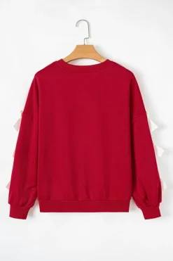 Best Dear-Lover Contrast Bow Decor Dropped Sleeve Crewneck Sweatshirt Fiery Red