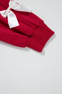 Best Dear-Lover Contrast Bow Decor Dropped Sleeve Crewneck Sweatshirt Fiery Red