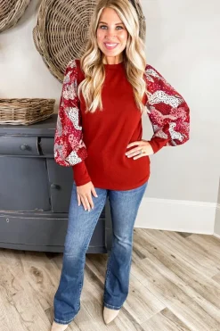 Online Dear-Lover Contrast Mixed Animal Print Lantern Sleeve Patchwork Top Fiery Red