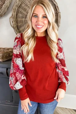 Online Dear-Lover Contrast Mixed Animal Print Lantern Sleeve Patchwork Top Fiery Red