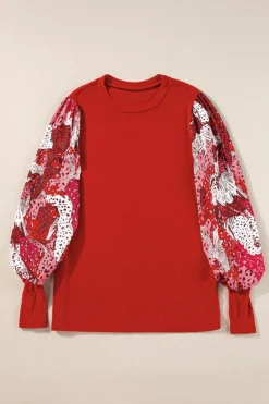Online Dear-Lover Contrast Mixed Animal Print Lantern Sleeve Patchwork Top Fiery Red