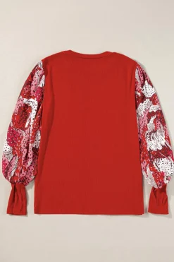 Online Dear-Lover Contrast Mixed Animal Print Lantern Sleeve Patchwork Top Fiery Red