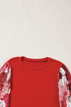 Online Dear-Lover Contrast Mixed Animal Print Lantern Sleeve Patchwork Top Fiery Red