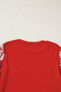 Online Dear-Lover Contrast Mixed Animal Print Lantern Sleeve Patchwork Top Fiery Red
