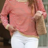 New Dear-Lover Contrast Trimmed Striped Drop Shoulder Sweater Fiery Red
