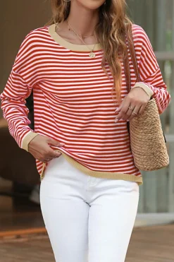 New Dear-Lover Contrast Trimmed Striped Drop Shoulder Sweater Fiery Red