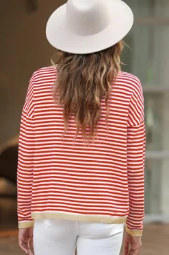 New Dear-Lover Contrast Trimmed Striped Drop Shoulder Sweater Fiery Red