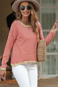 New Dear-Lover Contrast Trimmed Striped Drop Shoulder Sweater Fiery Red
