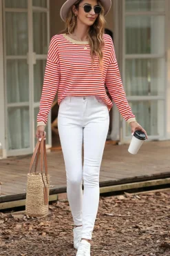New Dear-Lover Contrast Trimmed Striped Drop Shoulder Sweater Fiery Red