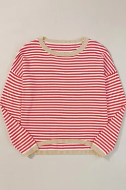New Dear-Lover Contrast Trimmed Striped Drop Shoulder Sweater Fiery Red