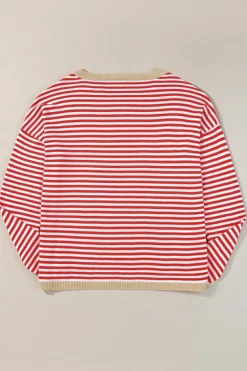 New Dear-Lover Contrast Trimmed Striped Drop Shoulder Sweater Fiery Red