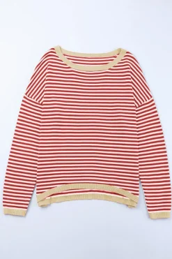 New Dear-Lover Contrast Trimmed Striped Drop Shoulder Sweater Fiery Red