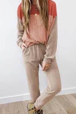 Fashion Dear-Lover Corded 2pcs Colorblock Pullover and Pants Outfit Fiery Red