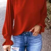 Hot Dear-Lover Crew Neck Ruffle Bubble Sleeve Top Fiery Red