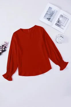 Hot Dear-Lover Crew Neck Ruffle Bubble Sleeve Top Fiery Red