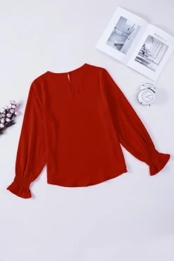 Hot Dear-Lover Crew Neck Ruffle Bubble Sleeve Top Fiery Red