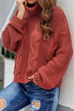 Fashion Dear-Lover Cuddle Weather Cable Knit Handmade Turtleneck Sweater Fiery Red